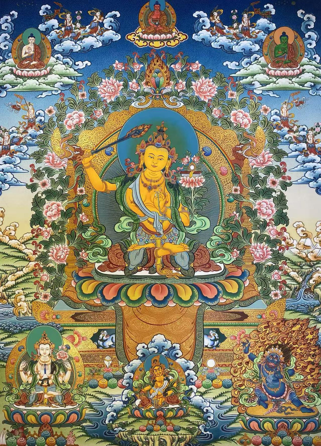 Tibetan Buddhist Thangka - Manjushri Style 1, 75x50cm, Hand-Painted with Mineral Pigments, Fine Craftsmanship, Ideal for Feng Shui and Spiritual Decor