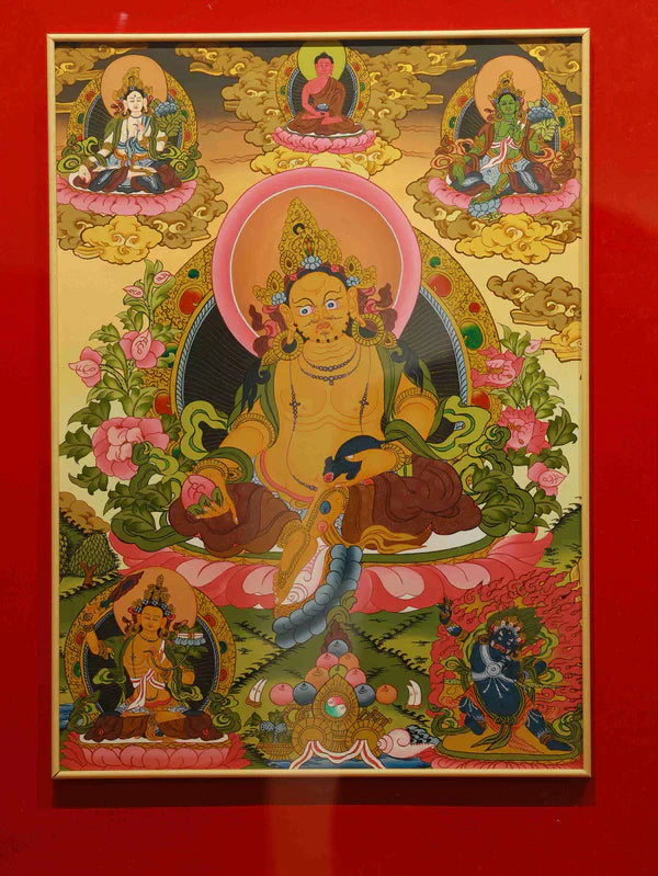 Hand-Painted Yellow Jambhala Thangka: Tibet’s "Wealth Support Art" — Hang Endless Treasures in Your Home When a thangka is thoughtfully hung in your living room, it’s n
