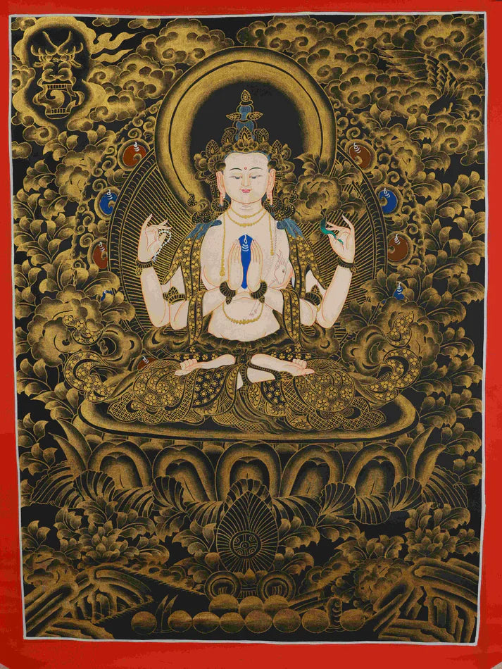 This Black-Gold Four-Armed Guanyin Thangka Hides “A Gilded Soft Armor on Black: Worries Fade, Blessings Fill, Days Settle”