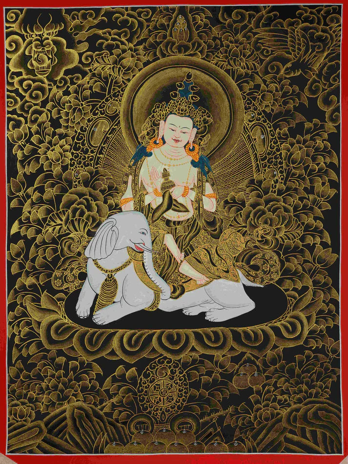 This Black-Gold Elephant-Riding Samantabhadra Thangka Hides “Steady Aspirations Carried by a White Elephant: Obstacles Fade, Wishes Fulfill, Days Settle”