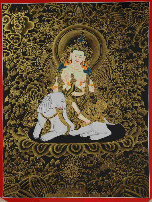 This Black-Gold Elephant-Riding Samantabhadra Thangka Hides “Steady Aspirations Carried by a White Elephant: Obstacles Fade, Wishes Fulfill, Days Settle”