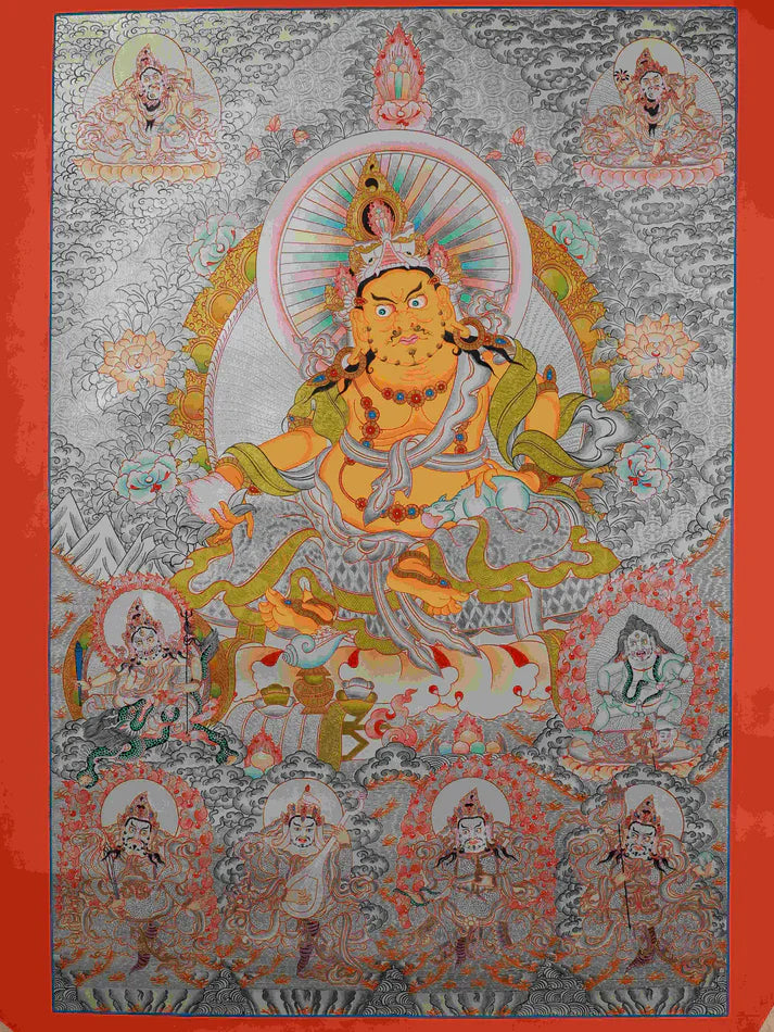 This Hand-Painted Yellow Jambhala Thangka Hides a Stability & Wealth Cushion: “Dual Fortune & Protection + All-Round Support”
