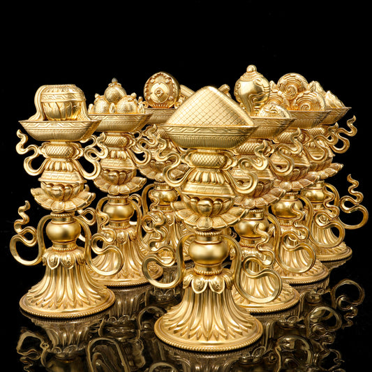 Tibetan-Buddhist Handcrafted Brass Eight Auspicious Objects – Ritual Implements Art