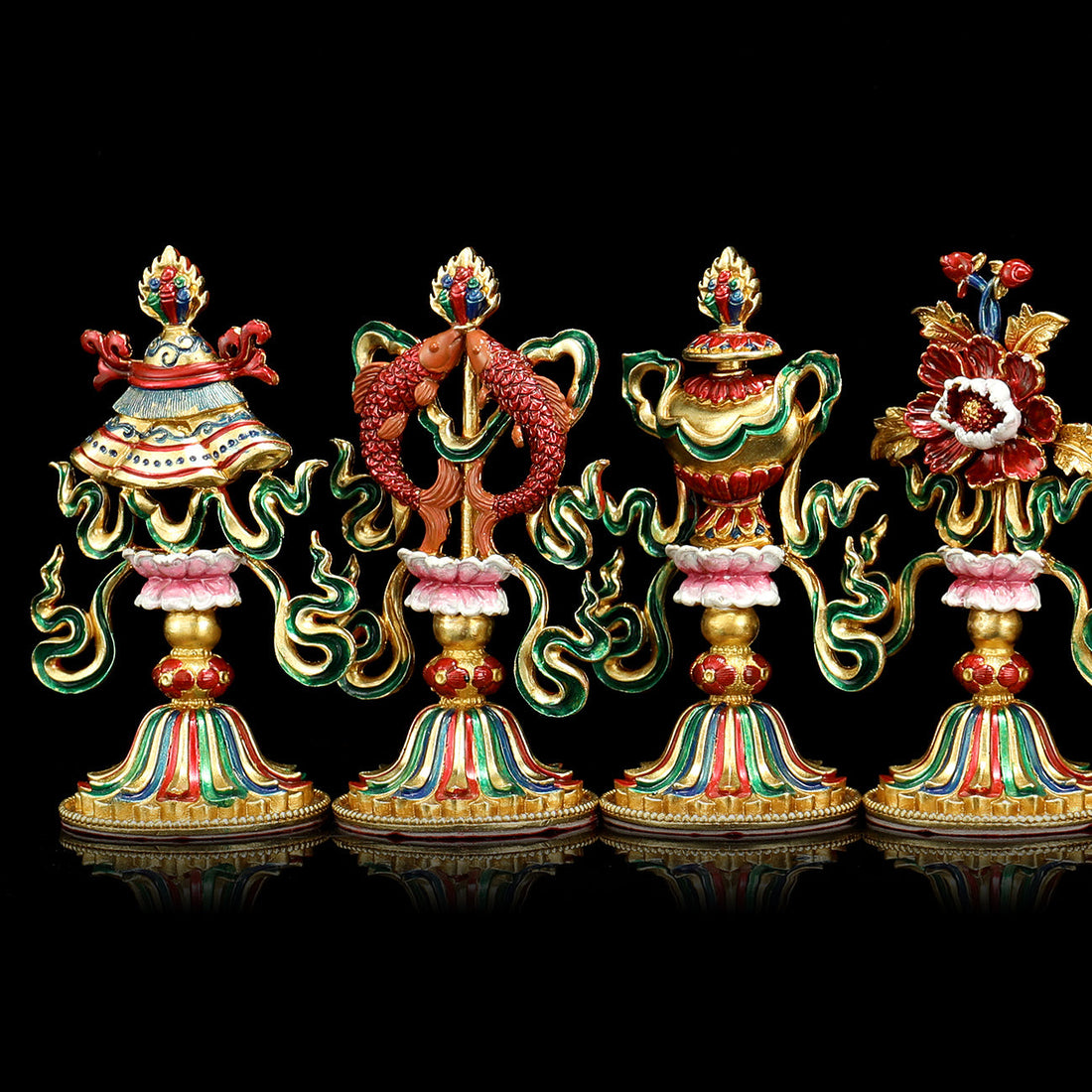 Tibetan-Buddhist Hand-Painted Brass Mini Eight Auspicious Symbols – Ritual Implements Art