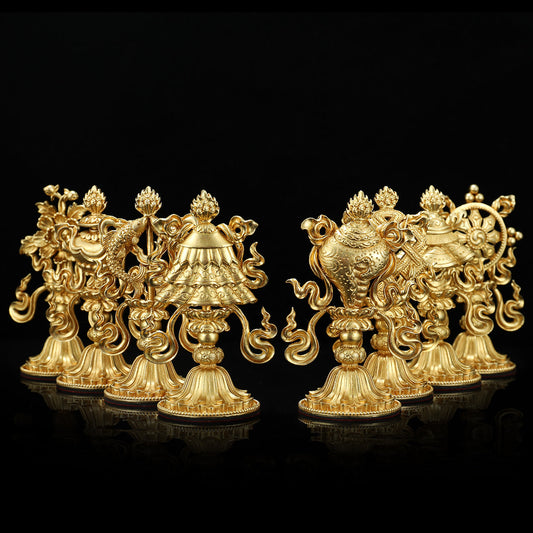 Tibetan-Buddhist Handcrafted Gold Brass Mini Eight Auspicious Symbols