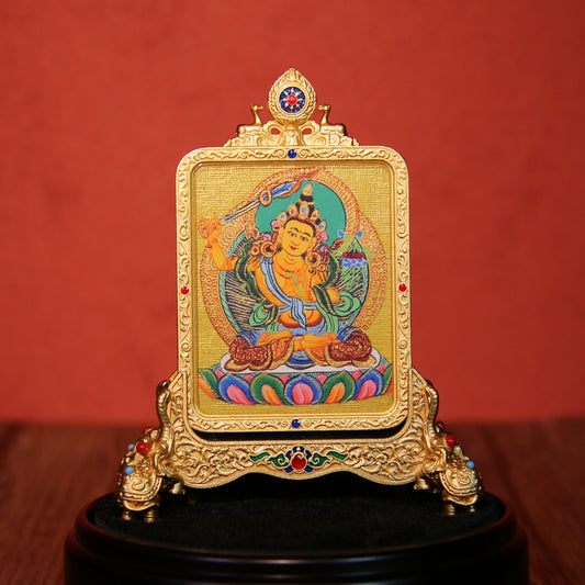 Hand-Painted Tibetan Buddhist Thangka Pendant – Manjushri Bodhisattva Amulet, Sacred Art from Tibet