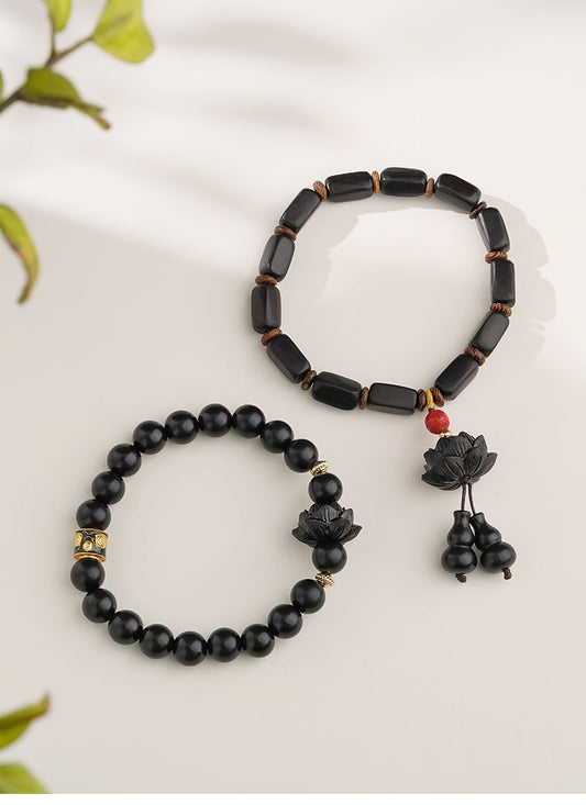 Tibetan-Buddhist Hand-Painted Ebony Lotus Cinnabar Bracelet