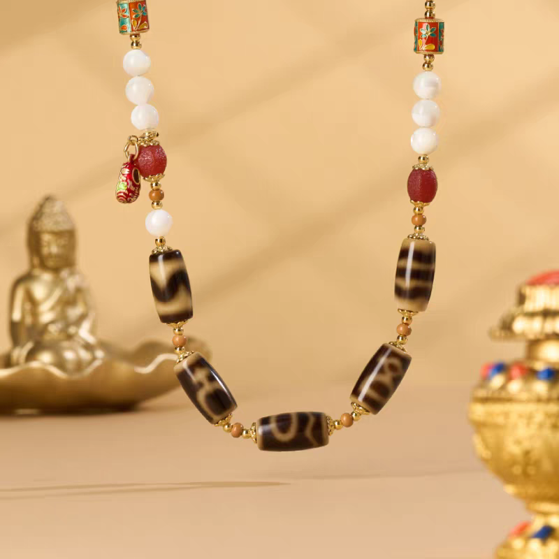 Tibetan-Buddhist Ivory Yellow Multi-Totem Agate Dzi Tibetan Buddhist Jewelry