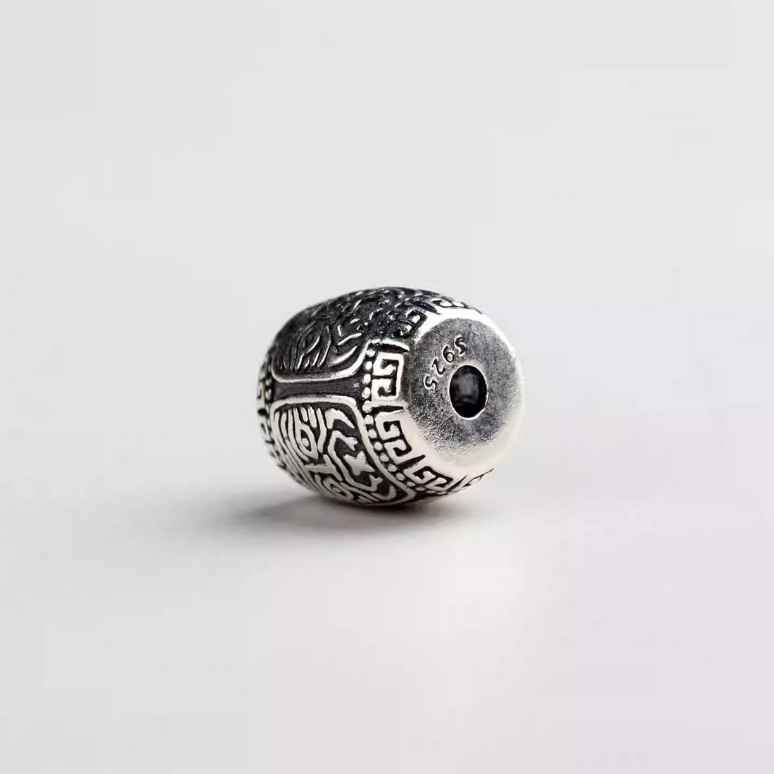 Tibetan-Buddhist Sterling Silver Zhakiralam Barrel Bead Tibetan Buddhist Jewelry