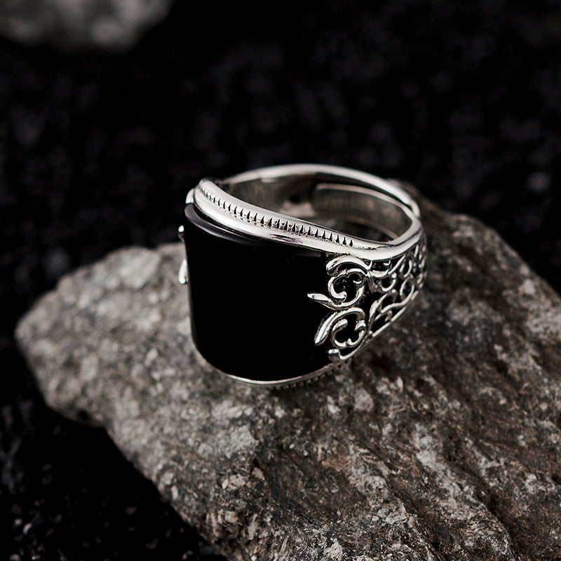 tibetan-buddhist Black Agate Silver Wide Band Ring Jewelry Tibetan Buddhist Jewelry