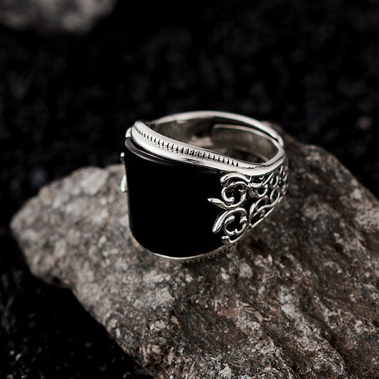 tibetan-buddhist Black Agate Silver Wide Band Ring Jewelry Tibetan Buddhist Jewelry