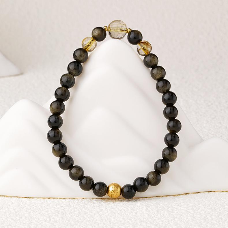 Tibetan Buddhist Jewelry Art - Hand Painted Golden Obsidian Bracelet