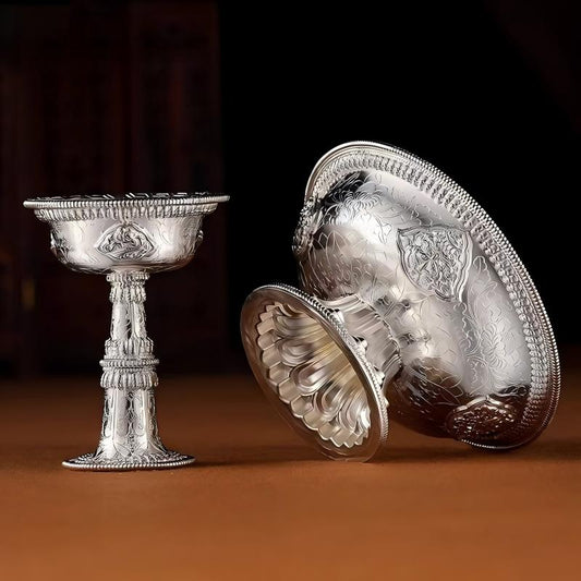 Tibetan-Buddhist Pure Silver Hand-Carved Cup: Sacrificial Tibetan Buddhist Jewelry