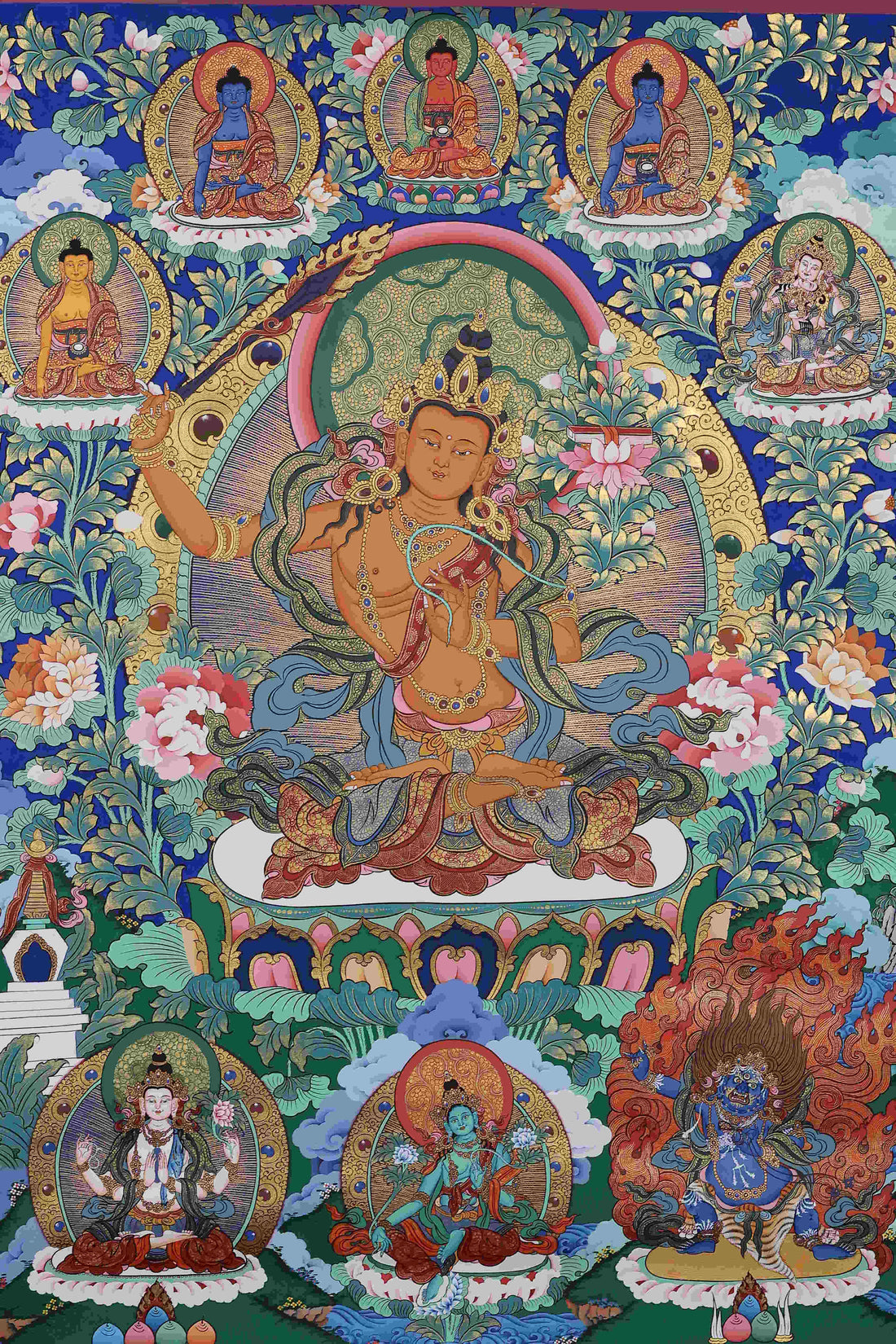 Hand-Painted Tibetan Buddhist Thangka: Manjushri Bodhisattva (Wisdom Deity) - Traditional Tibetan Art