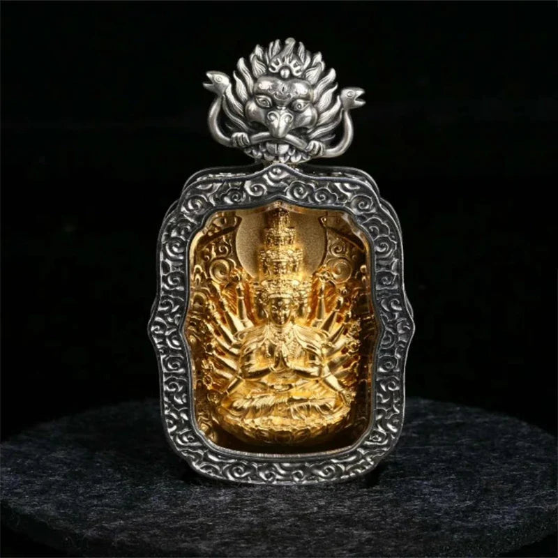 Hand-Carved Silver Yellow Jambhala Tibetan Buddhist Pendant Jewelry