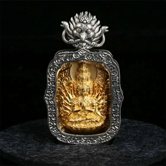 Hand-Carved Silver Yellow Jambhala Tibetan Buddhist Pendant Jewelry