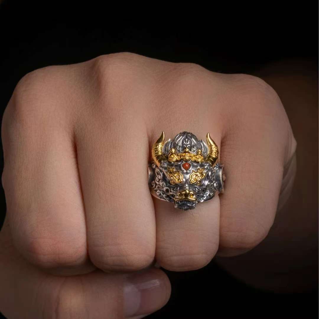 tibetan-buddhist Hand-Painted Yamantaka Ring 925 Silver | Jewelry Art