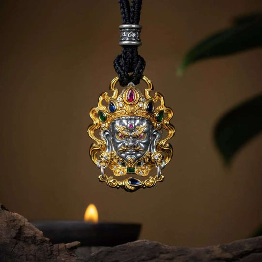 tibetan-buddhist Hand-Painted Silver Yellow Jambhala Pendant | Jewelry Art