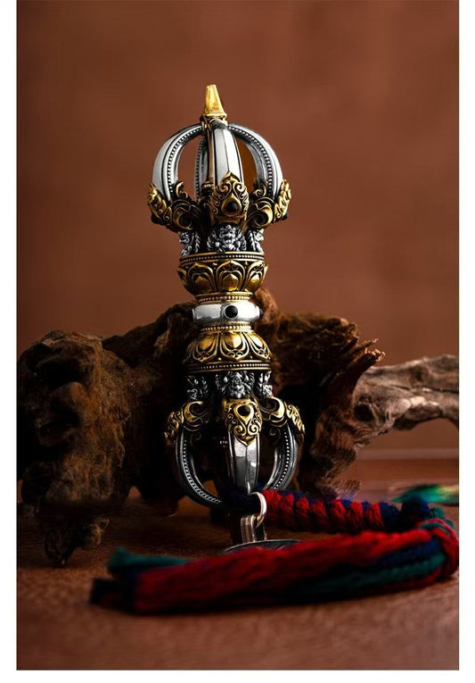 9cm Brass Five-Prong Demon-Subduing Vajra Handle Tibetan Buddhist Ritual Implement