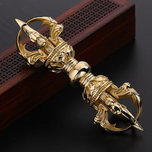 15cm Brass Five-Prong Vajra Handle Tibetan Buddhist Ritual Implement