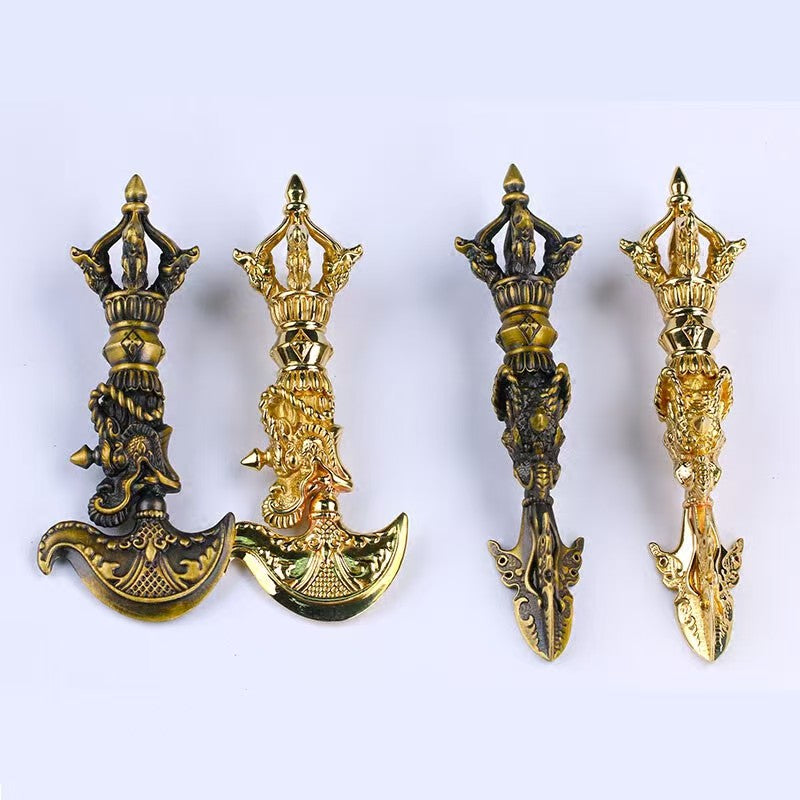 Tibetan-Buddhist Brass Five-Prong Vajra Dragon Head & Axe Knife
