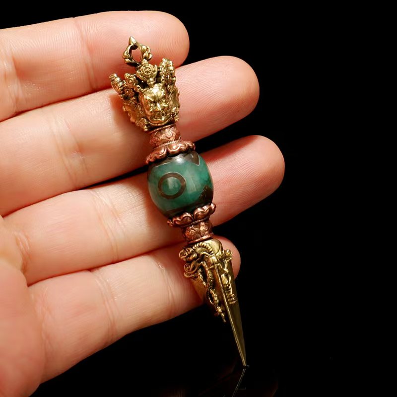 Tibetan-Buddhist Handcrafted Brass Three-Sided Phurba with Dzi Tibetan Buddhist Ritual Object