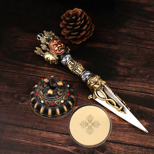 Tibetan Buddhist 26cm Handcrafted Purba Vajra Dagger Brass Copper Art