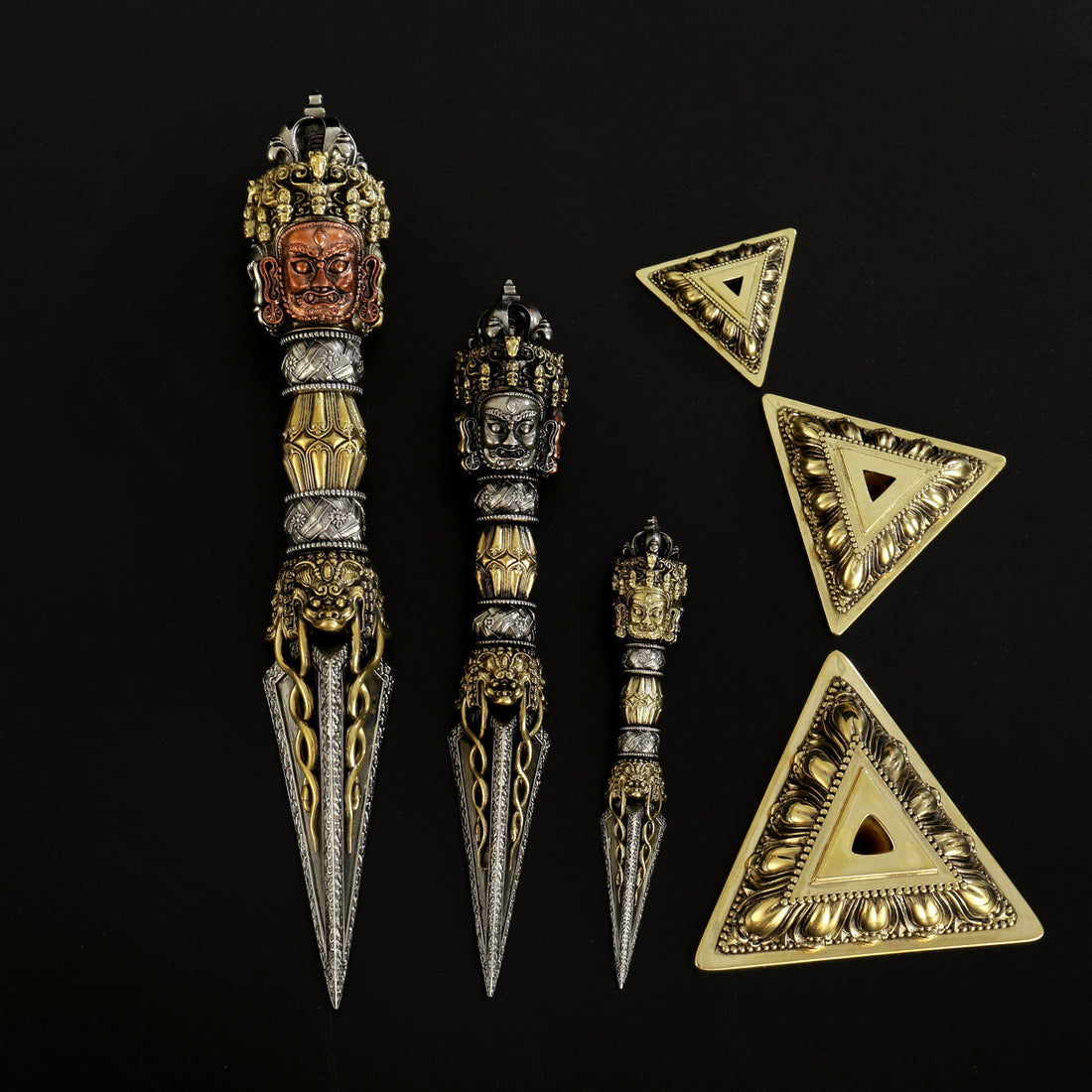 Tibetan Buddhist 21cm Handcrafted Three-Sided Purba Vajra Dagger Brass Copper Art