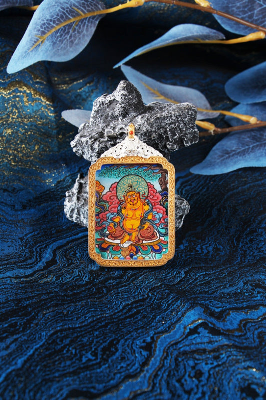 3.5x4.5cm Rebgong High-End Hand-painted Yellow Jambhala Buddhist Pendant: The King of Tibetan Buddhist Jewelry