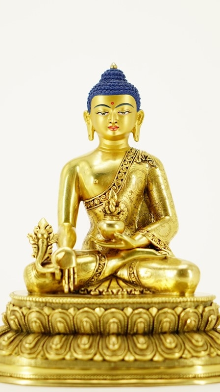 Tibetan-Buddhist Three Buddhas, Gilded Sculpture with Mineral Pigments