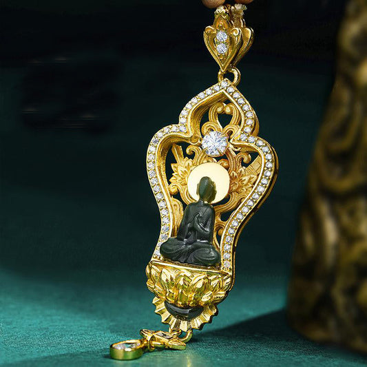 Tibetan Buddhist Pagodite Qing Pendant - 925 Silver, Sandalwood & Jade