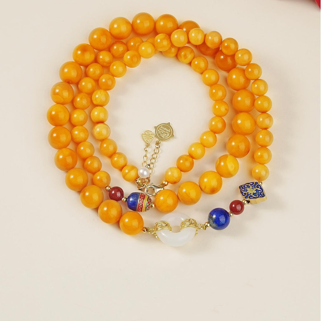 Tibetan Buddhist “Evening Glow” Amber Necklace | Handmade with Hetian Jade, South Red Agate, Lapis Lazuli, Pearl & 925 Silver