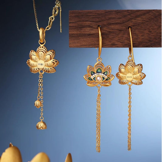 Tibetan Buddhist Wisdom Eye Earrings | Handmade 925 Silver & Shell Pearl Lotus Design
