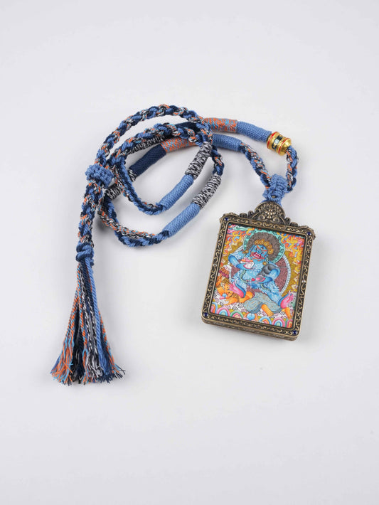 Black Wealth Deity Hand-Painted Thangka Necklace Pendant – Rectangular Tibetan Protector Amulet (4×5 cm)