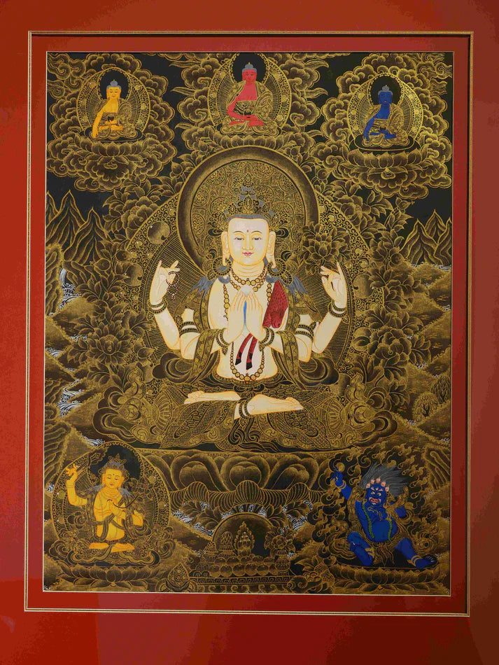 Hand-Painted Black-Gold Four-Armed Avalokiteshvara "Five Wisdoms Compassion Altar" Thangka: A Tibetan Compassionate Obstacle-Breaking Treasure Wrapped in Black-Gold Contrast
