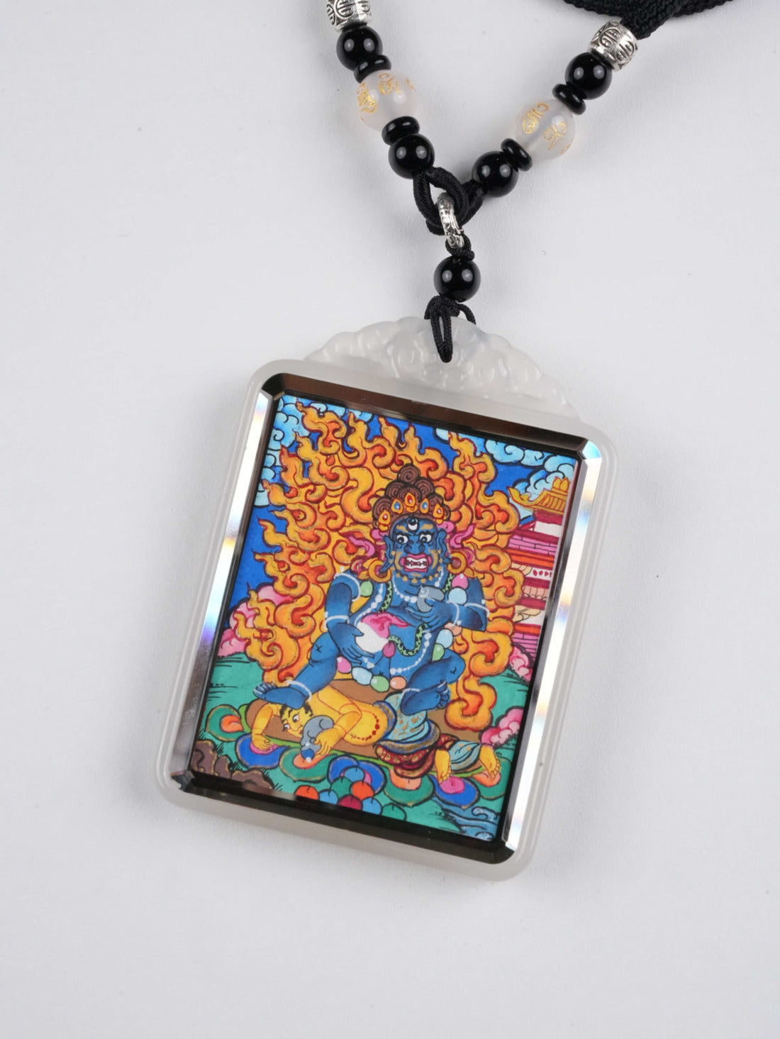 Hand-Painted Black Jambhala Mini Thangka Pendant – Tibetan Protector Talisman for Wealth, Blessings & Spiritual Guidance