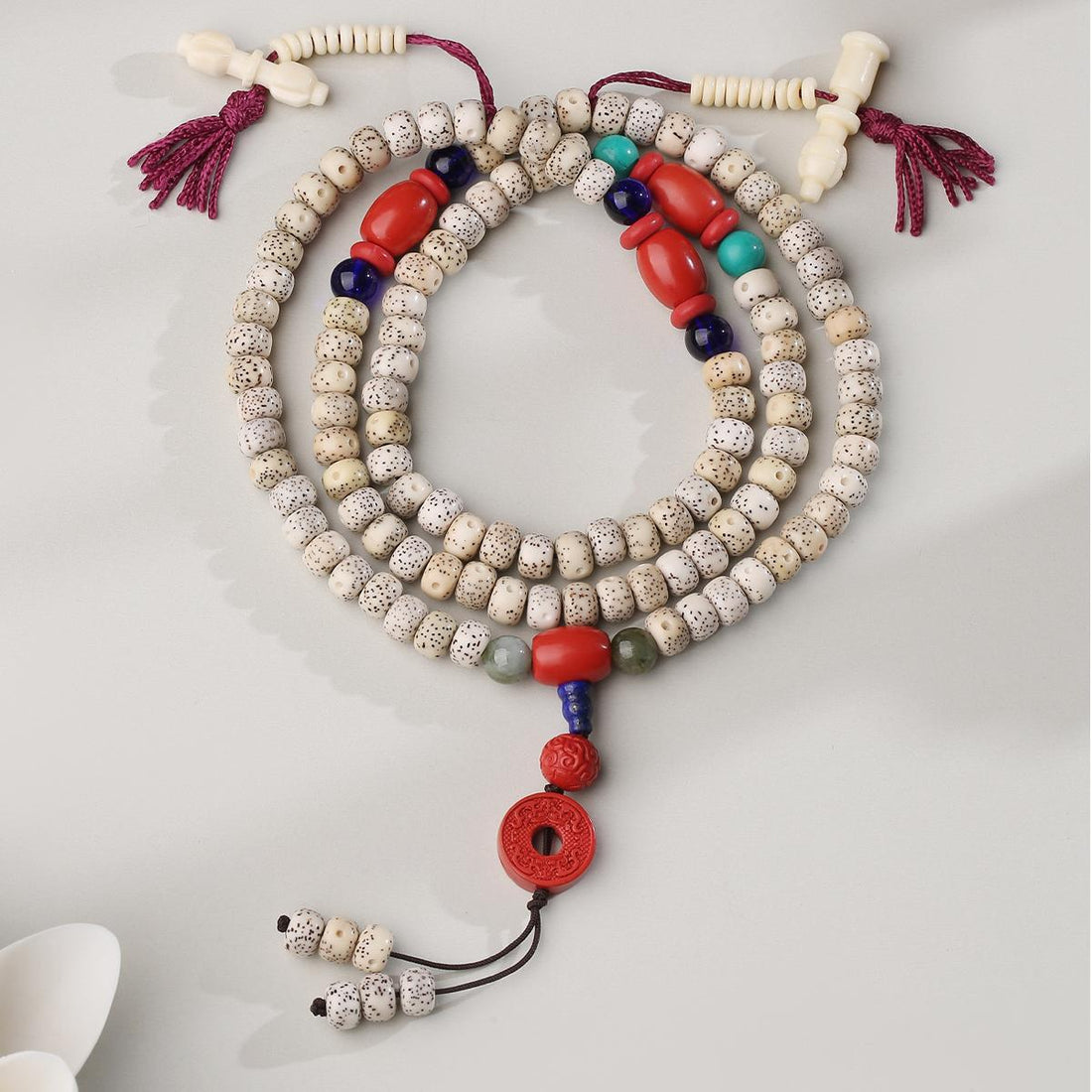 Tibetan Buddhist Cinnabar Bodhi Seed Mala Necklace with Lapis Lazuli Connector