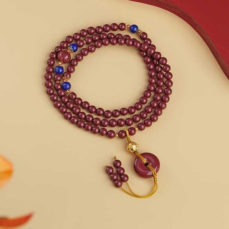 Tibetan Buddhist Cinnabar Lapis Lazuli 108 Beads Mala Necklace with Silver Elephant Pendant