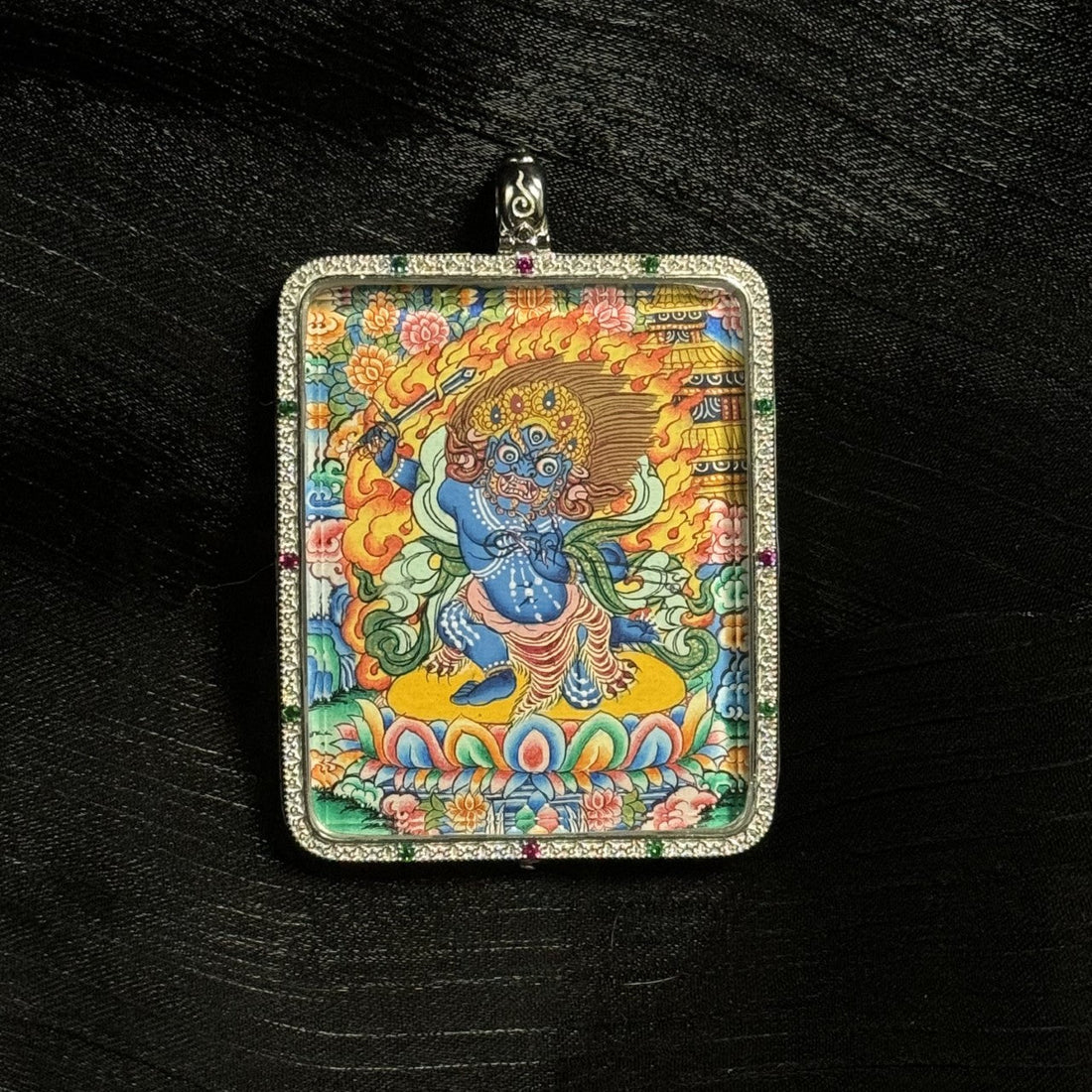4x5cm Hand-Painted Acala (Fudo Myoo) with Eight Guardians and Mandala Buddhist Pendant: Tibetan Buddhist Jewelry