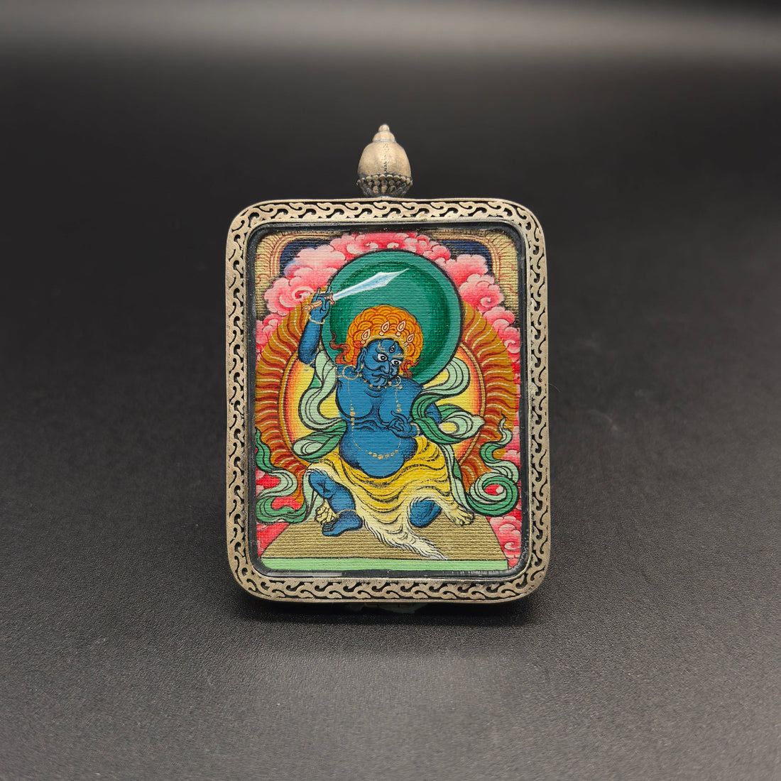 3.5x4.5cm Hand-Painted Tibet Red Cloud Acala (不动明王) Buddhist Pendant with 925 Silver: Tibetan Buddhist Jewelry