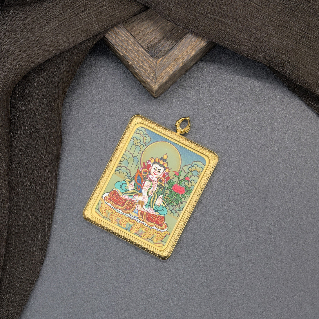 The Bodhisattva of the Treasury of Space: Nepal Akasagarbha Thangka Pendant with Titanium Casing