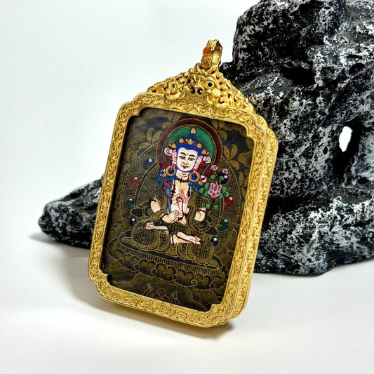 Akasagarbha Nepal Black Gold Thangka Pendant: The Bodhisattva of Treasury and Wisdom