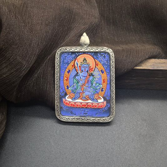 3.5x4.5cm Hand-Painted Rekong Blue Thangka Akasagarbha (虚空藏菩萨) Buddhist Pendant with 925 Tibetan Buddhist Jewelry