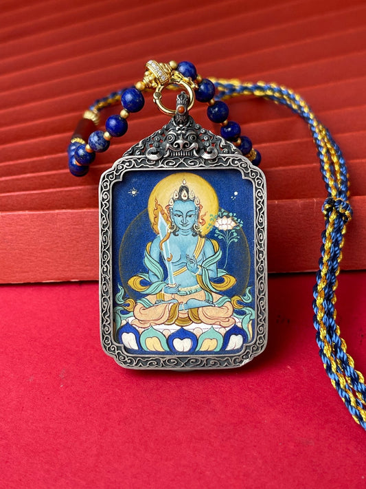 3.5x4.5cm Akasagarbha (虚空藏菩萨) Buddhist Pendant with Refined Silver Casing: Wealth and Tibetan Buddhist Jewelry