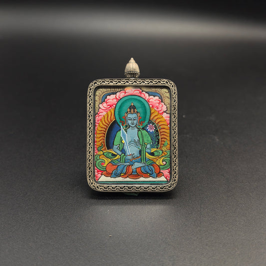 3.5x4.5cm Hand-Painted Tibet Red Cloud Akasagarbha (虚空藏菩萨) Buddhist Pendant with 925 Tibetan Buddhist Jewelry