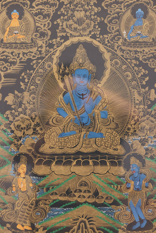Handpainted Tibetan Buddhist Akashagarbha Bodhisattva (Wisdom, Merit & Obstacle Clearing) Thangka