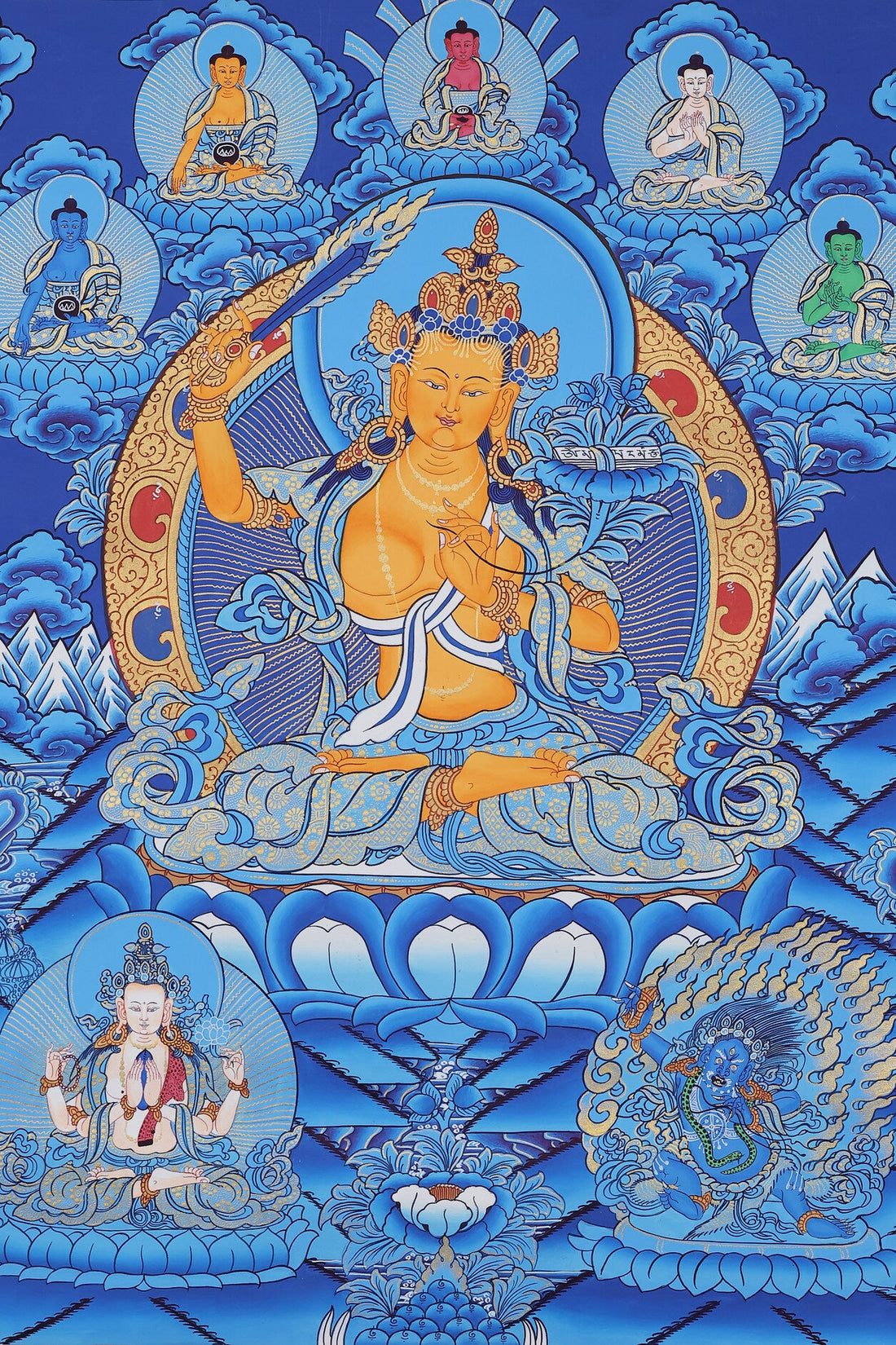 Hand-Painted Akashagarbha Bodhisattva Thangka | Tibetan Buddhist Blue-Gold Mineral Pigment Art
