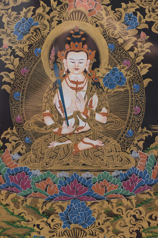 Handpainted Tibetan Buddhist Akashagarbha Bodhisattva (Wisdom & Merit) Thangka
