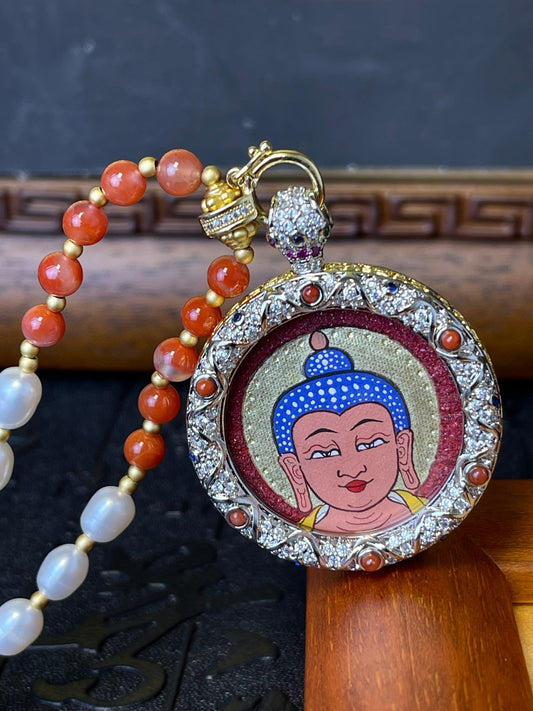 3cm Hand-Painted Amitabha Buddha Head (阿弥陀佛 · 佛首) Rekong Buddhist Pendant with Hand-Woven Tibetan Buddhist Jewelry