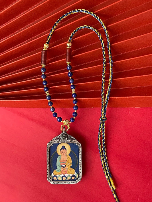 Eliminate Karma and Enrich the Mind: Tibet Coarse Amitabha Thangka Pendant with Refined Silver Casing